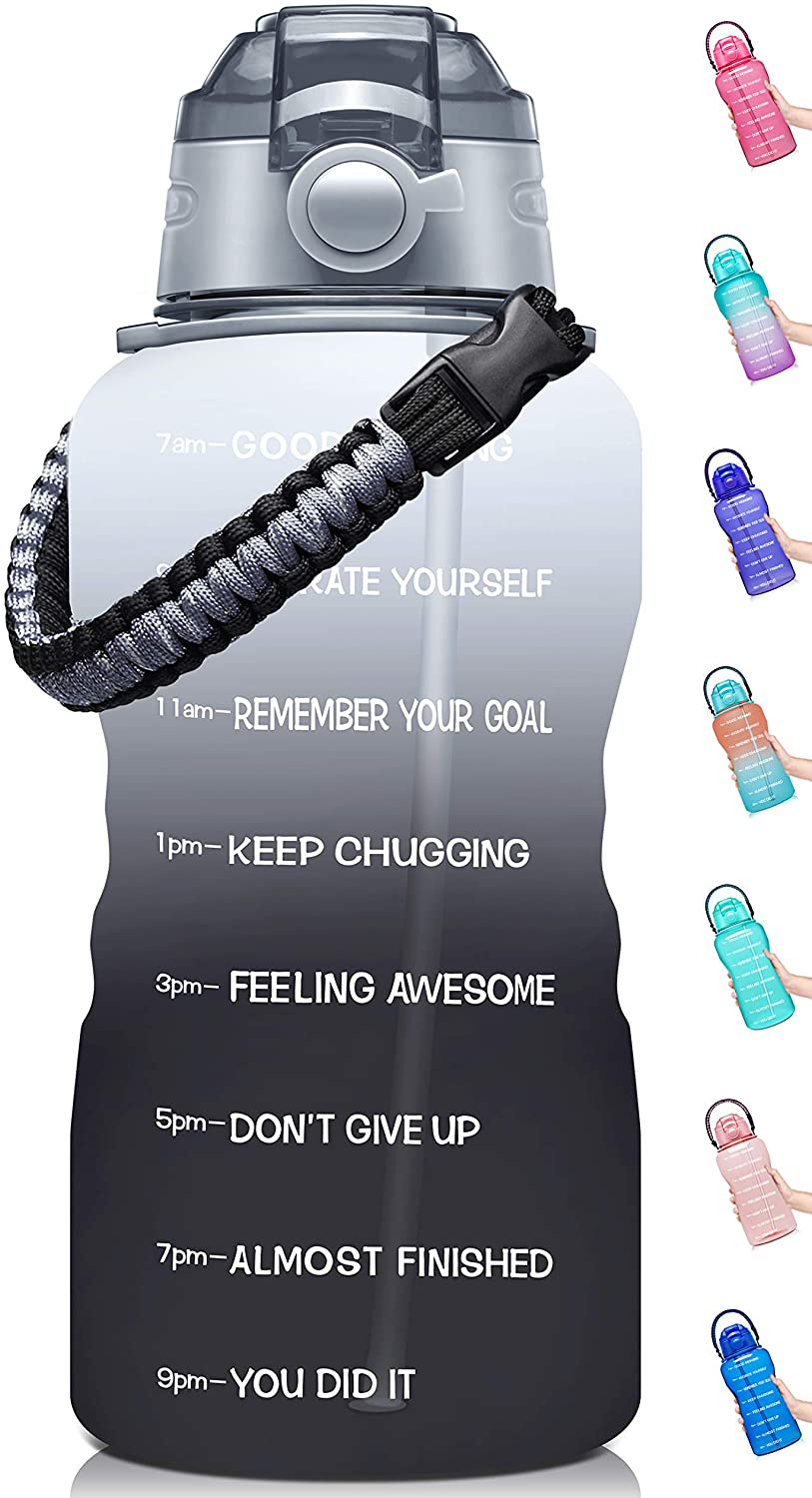 Fidus Large Half Gallon/64OZ Motivational Water Bottle with Paracord Handle & Removable Straw - BPA Free Leakproof Water Jug with Time Marker to Ensure You Drink Enough Water Daily