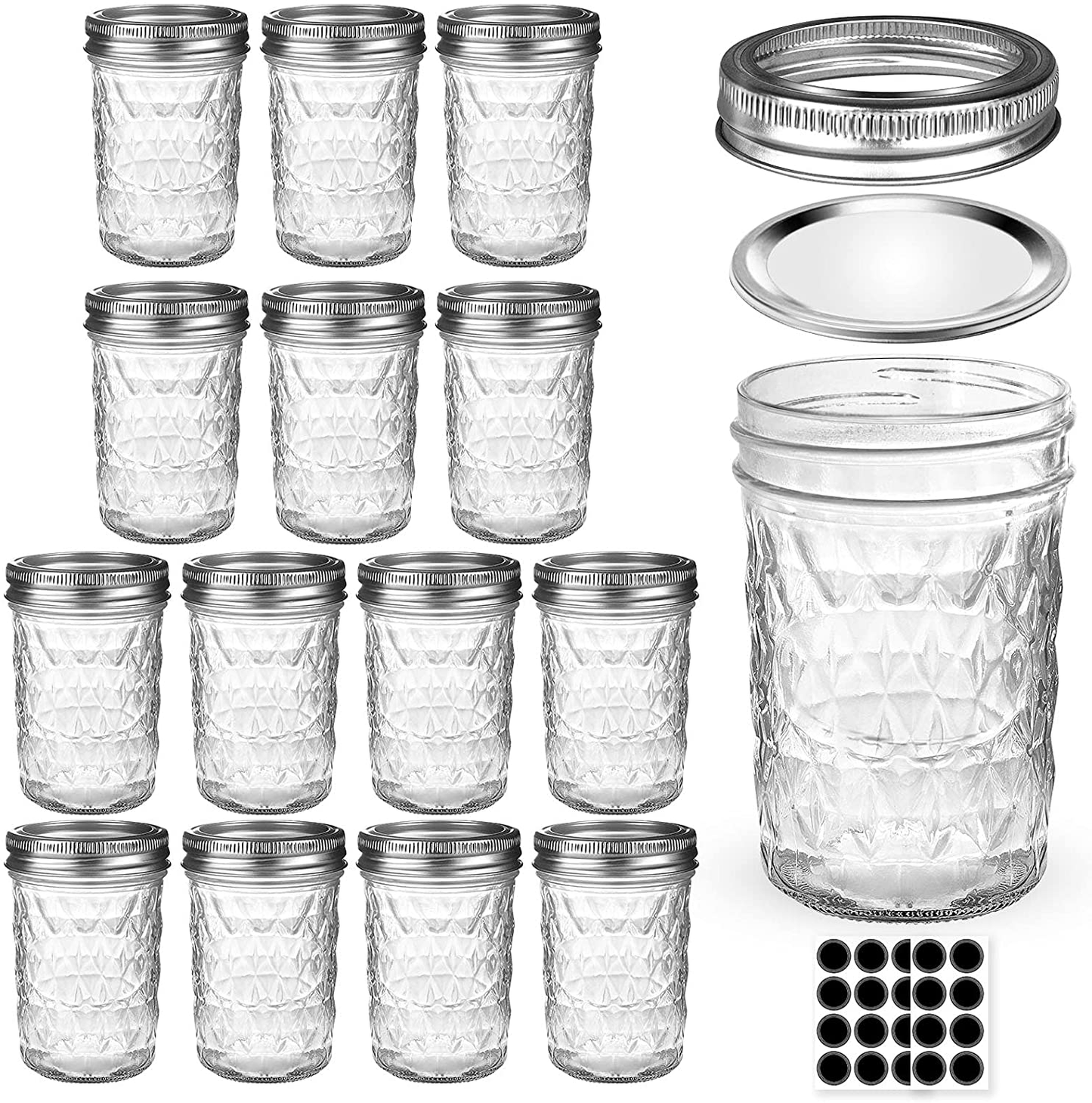 Mason Jars 8 OZ, AIVIKI Glass Regular Mouth Canning Jars with Silver Metal Airtight Lids and Bands for Sealing, Canning, Dry Food, Preserving, Jam, Honey, Jelly, Meal Prep, Overnight Oats, Food Storage, Salads 15 Pack 20 Whiteboard Labels