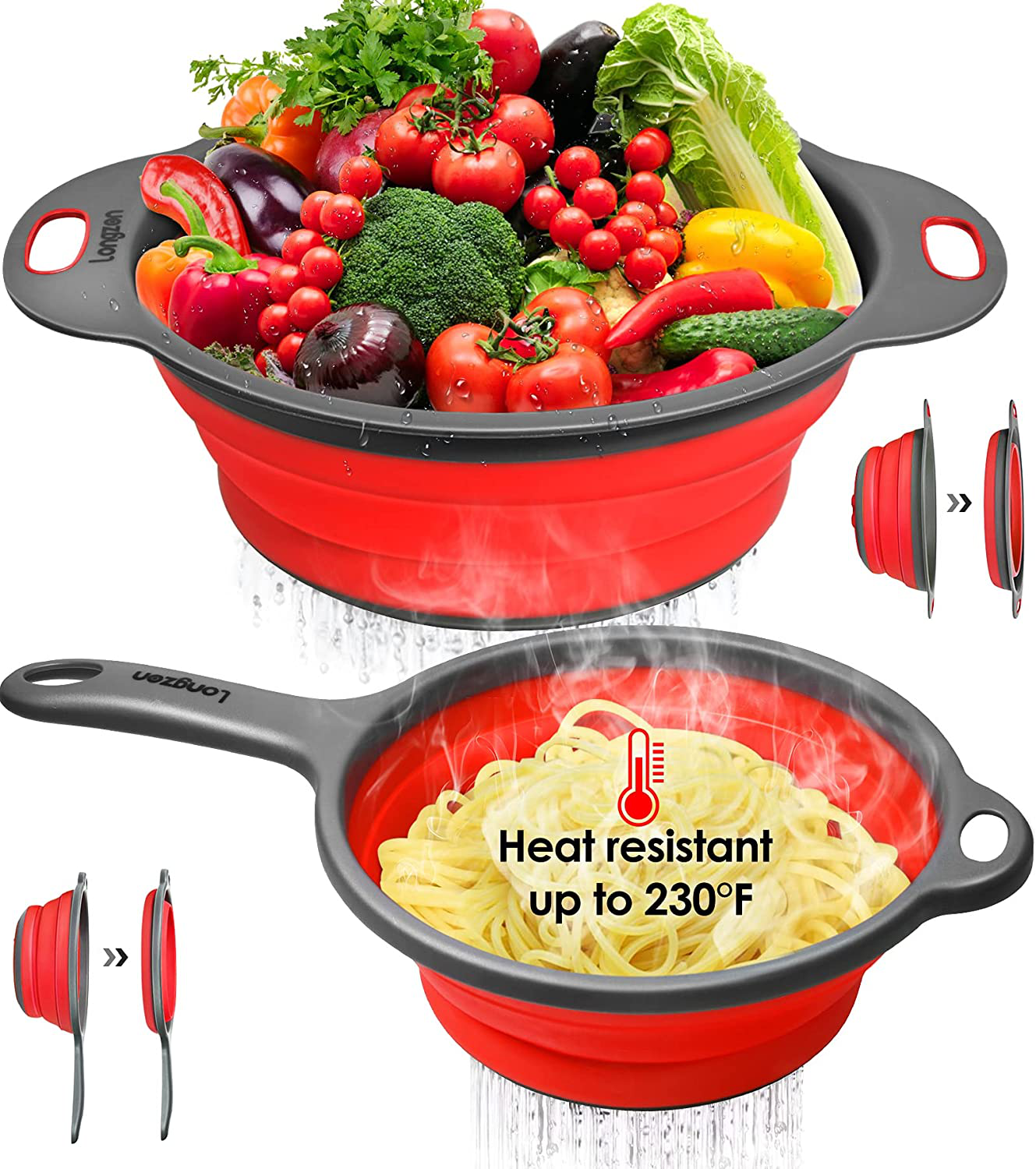 Longzon Collapsible Silicone Colanders and Strainers [2 Piece Set], Diameter Sizes 8'' -2 Quart and 9.5" -3 Quart, Pasta Vegetable/Fruit Kitchen Mesh Strainers with Extendable Handles Orange and Grey