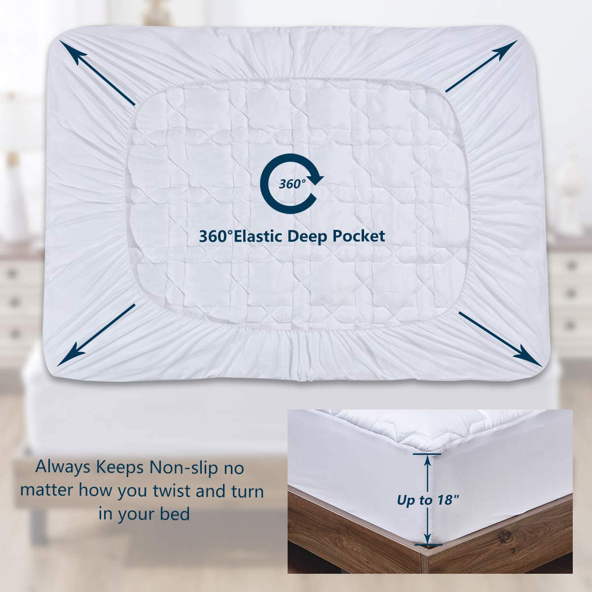 CozyLux Mattress Pad Full Deep Pocket Non Slip Cotton Mattress Topper Breathable and Soft Quilted Fitted Mattress Cover Up to 18" Thick Pillowtop 450GSM Bed Mattress Pad White