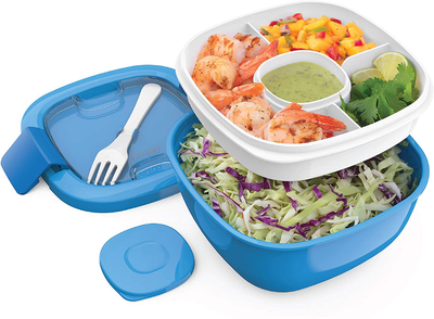 Bentgo Salad - Stackable Lunch Container with Large 54-oz Salad Bowl, 4-Compartment Bento-Style Tray for Toppings, 3-oz Sauce Container for Dressings, Built-In Reusable Fork & BPA-Free (Coastal Aqua)