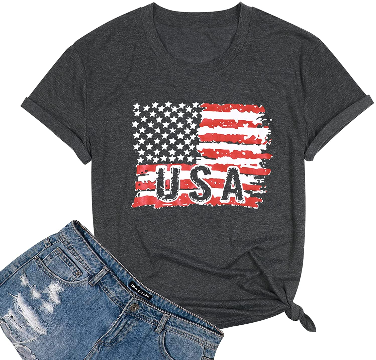 Women American Flag Shirt USA 4Th of July Independence Day T-Shirt Patriotic Stars Stripes Short Sleeve Tee Tops