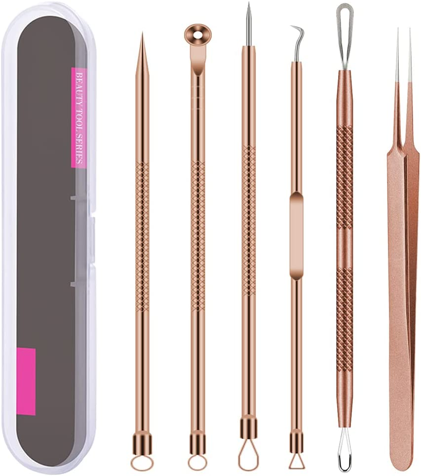 Pimple Popper Tool Kit , 6 Pcs Blackhead Remover Acne Needle Tools Set Removing Treatment Comedone Whitehead Popping Zit for Nose Face Skin Blemish Extractor Tool - Black