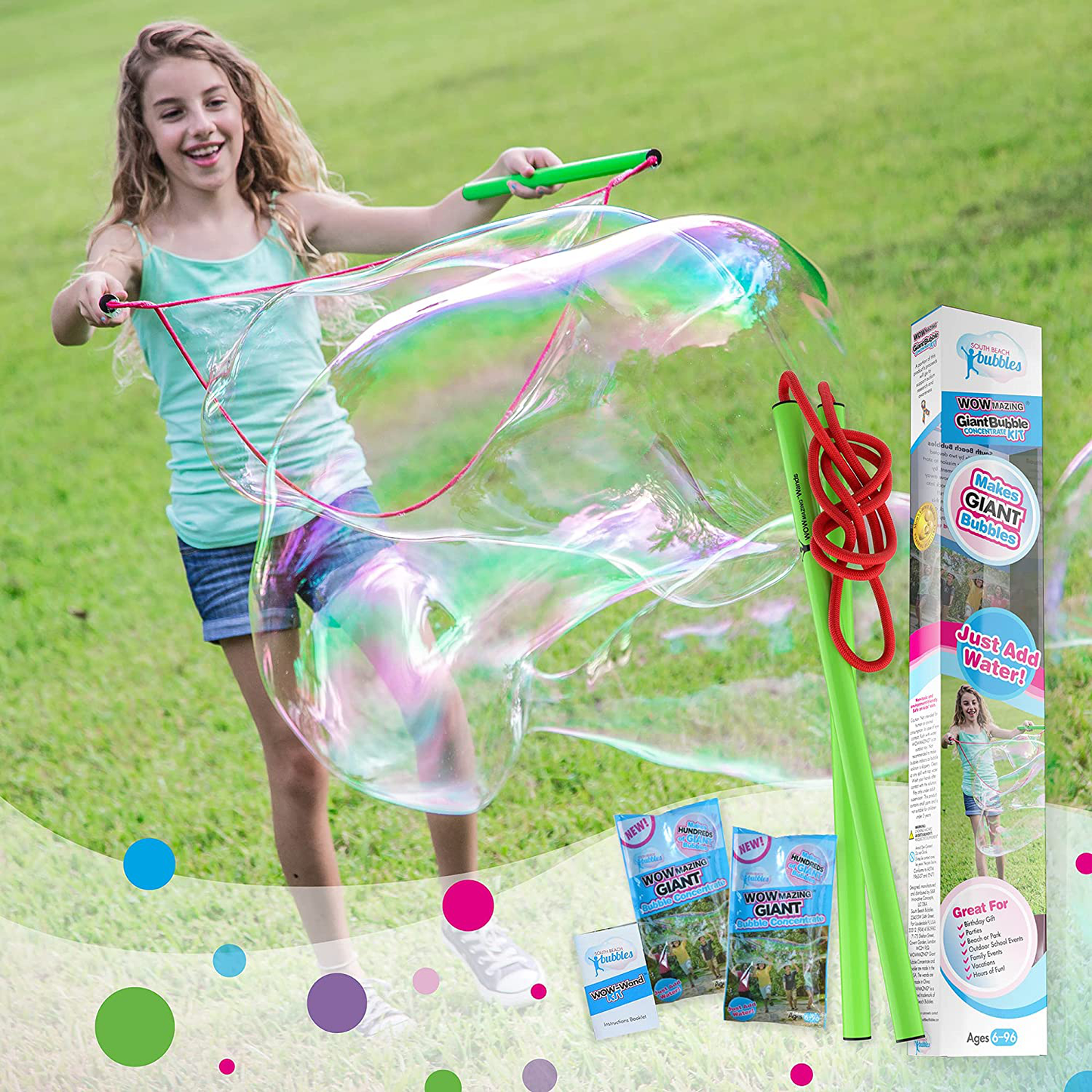 WOWMAZING Giant Bubble Kit: Kit Plus: (7-Piece Set) Great Value - Big Bubbles kit Including Big Bubble Wand and Giant Bubble Solution Concentrate. Makes 1.5 Gallon of Large Bubbles-Kit Plus