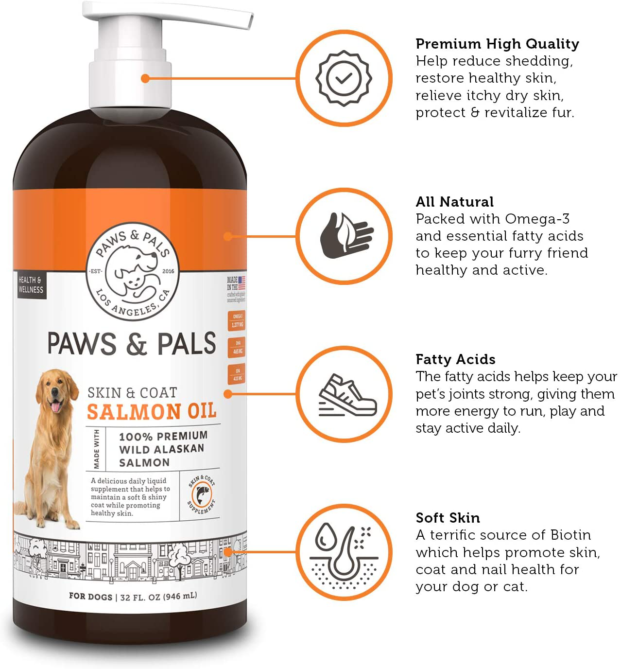 Paws & Pals Wild Alaskan Salmon Oil for Dogs & Cats - 100% Pure Fish Oil Liquid Food w/Omega 3 & Natural EPA + DHA