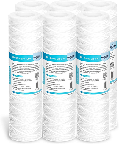 Membrane Solutions 50 Micron String Wound Water Filter Universal Whole House Replacement Cartridge Sediment Filters for Well Water 10"x2.5" - 6 Pack