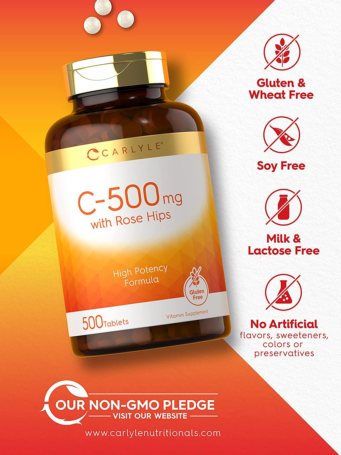 Vitamin C with Rose Hips 500Mg | 500 Tablets | Vegetarian, Non-Gmo and Gluten Free Supplement | High Potency Formula | by Carlyle