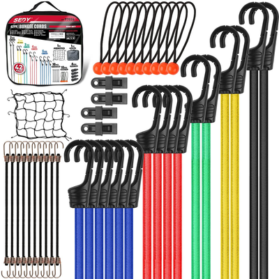 30-Pieces Premium Bungee Cords Assortment Jar, Includes 10”, 18”, 24”, 32”, 40” Bungee Cords & 8” Canopy/Tarp Ball Ties & 4 Crocodile Mouth Tarp Clips