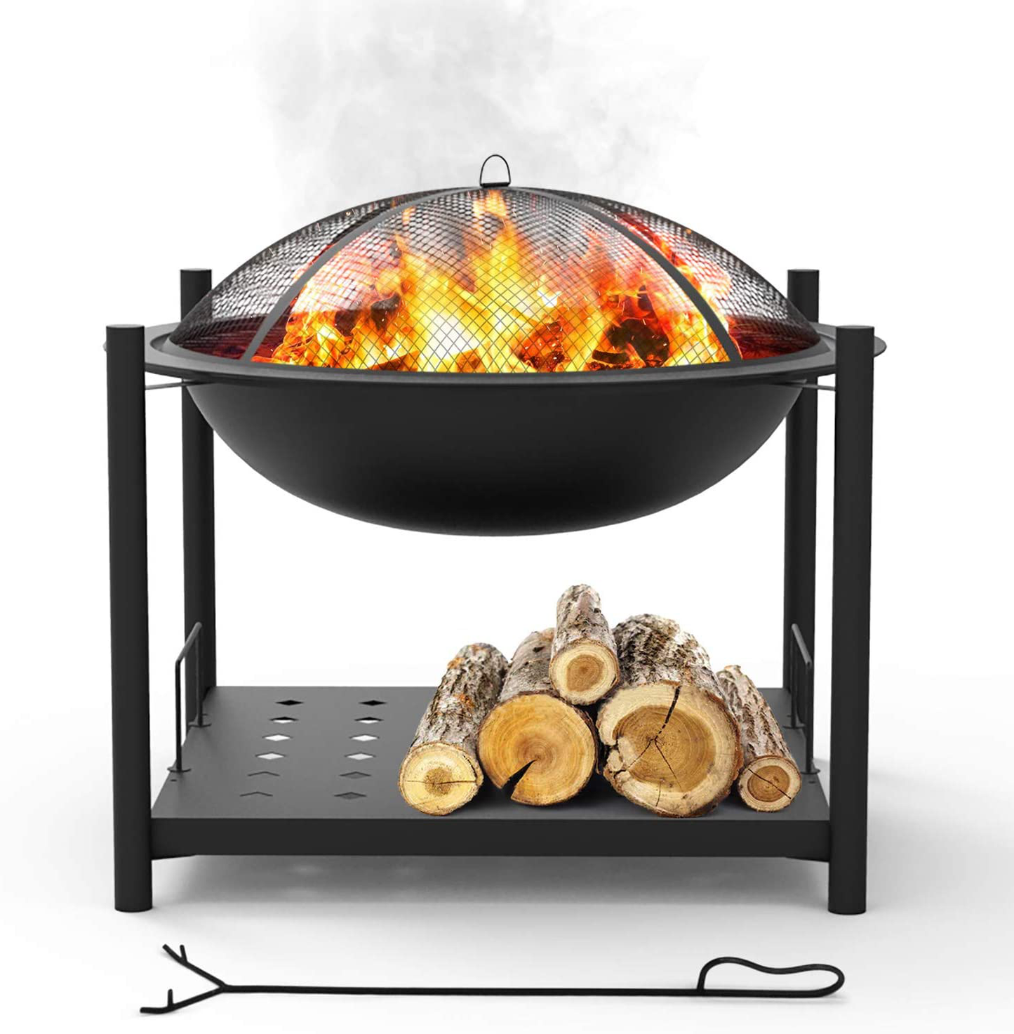 Portable Outdoor Wood Fire Pit - 2-in-1 Steel BBQ Grill 26" Wood Burning Fire Pit Bowl w/ Mesh Spark Screen, Cover Log Grate, Wood Fire Poker for Camping, Picnic, Bonfire - SereneLife SLCARFP54