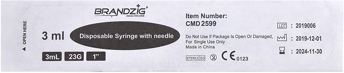 Brandzig 3ml Syringe with Needle  - 23G, 1" Needle (100-Pack)