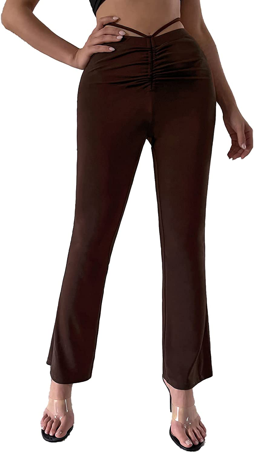 SheIn Women's High Waist Ruched Pants Cut Out Flared Leg Tie Back Trousers