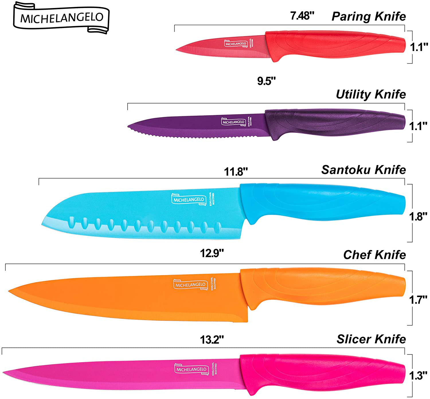 MICHELANGELO Kitchen Knife Set 10 Piece, High Carbon Stainless Steel Kitchen Knives Set, Knife Set for kitchen, Rainbow Knife Set, Colorful Knife Set- 5 Knives & 5 Knife Sheath Covers