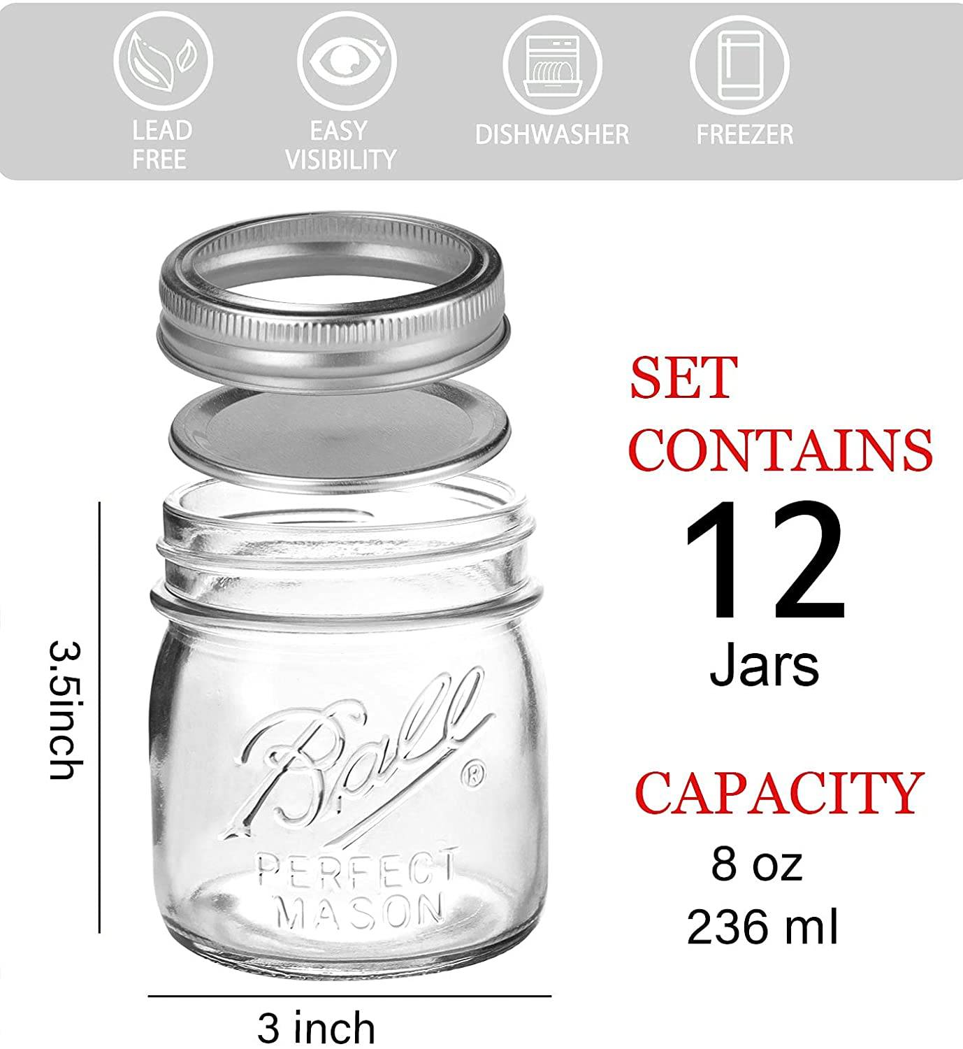 Mouth Mason Jars 8 oz - 12 Pack Glass Canning Jars with Silver Metal Airtight Regular Lids and Bands,Clear Quart Mason Jars for Canning, Preserving, Baby Food, DIY Projects, Honey, Jam, Jelly