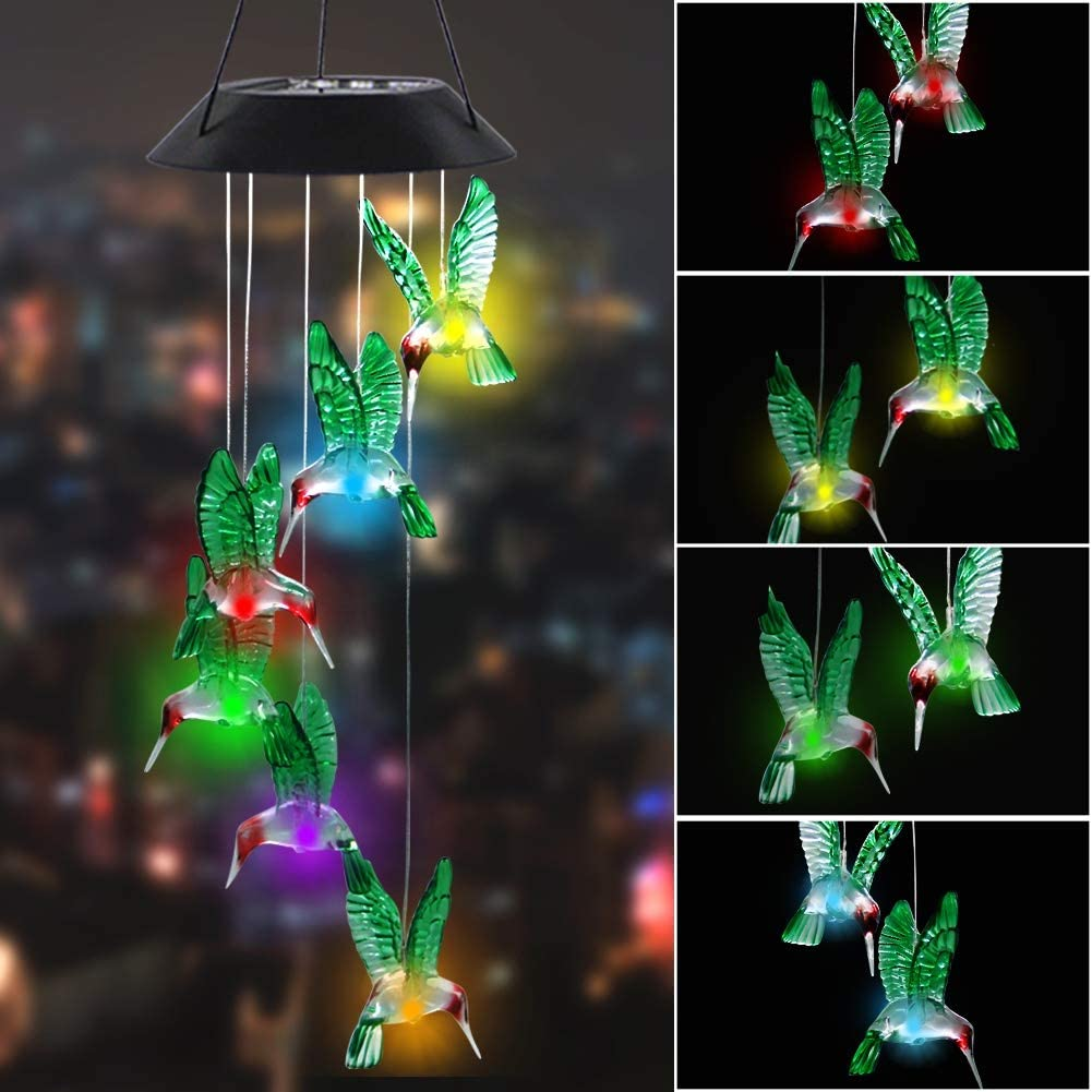 LED Solar Hummingbird Wind Chime, 25" Mobile Hanging Wind Chime for Home Garden Decoration, Automatic Light Changing Color(Hummingbird)