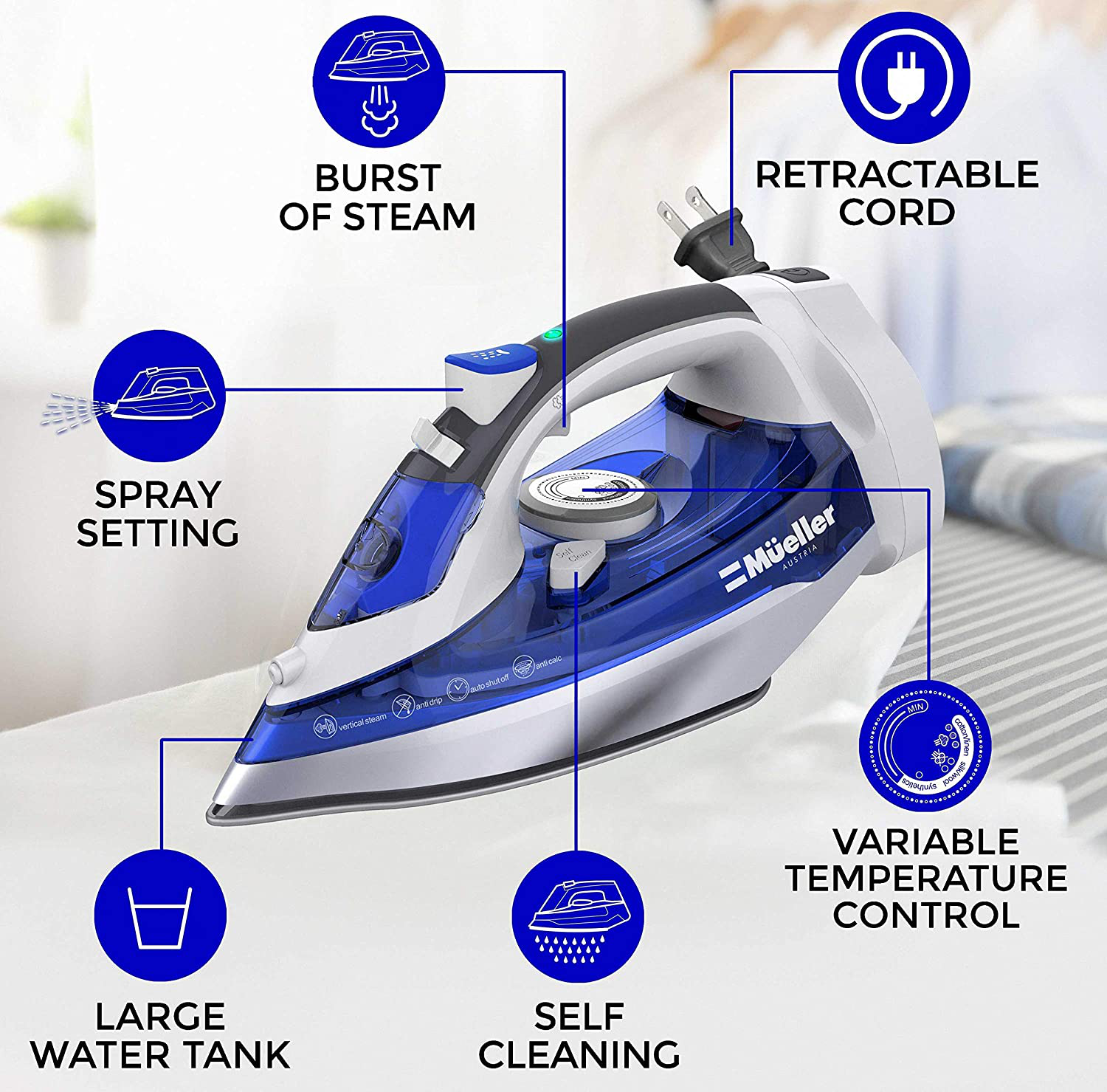 Mueller Professional Grade Steam Iron, Retractable Cord for Easy Storage, Shot of Steam/Vertical Shot, 8 Ft Cord, 3 Way Auto Shut Off, Self Clean