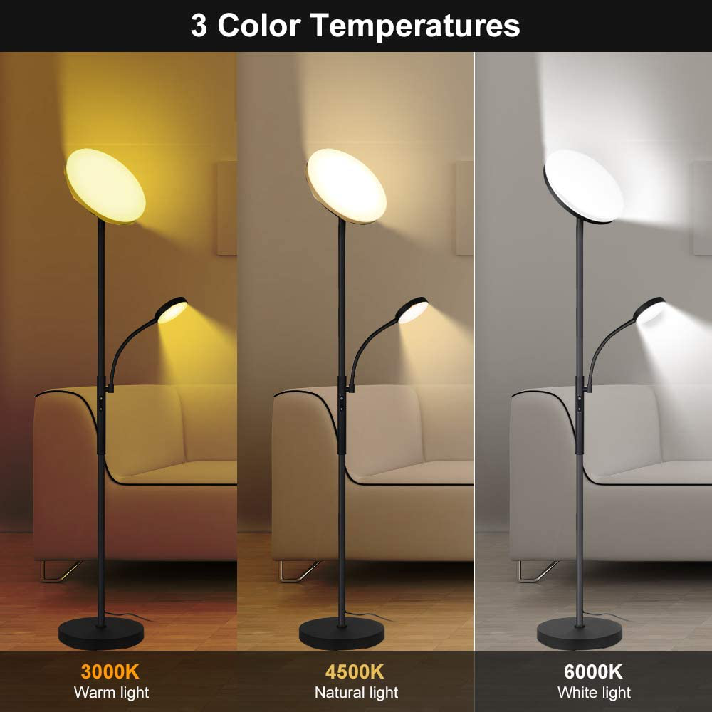 Floor Lamp - Dimunt LED Floor Lamps for Living Room Bright Lighting, 27W/2000LM Main Light and 7W/350LM Side Reading Lamp, Adjustable 3 Colors 3000K/4500K/6000K Tall Lamp with Remote & Touch Control