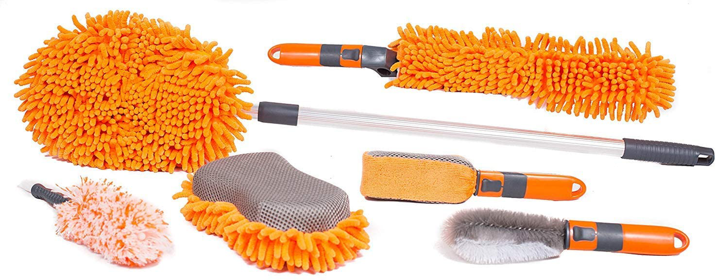 BIRDROCK HOME 6 PCS Car Wash and Cleaning Kit - Microfiber Cleaner – Auto Care - Exterior and Interior Cleaning – Tire Wheel Brush - Sponge - Duster - Extendable Cleaning Tool - Detailing Set