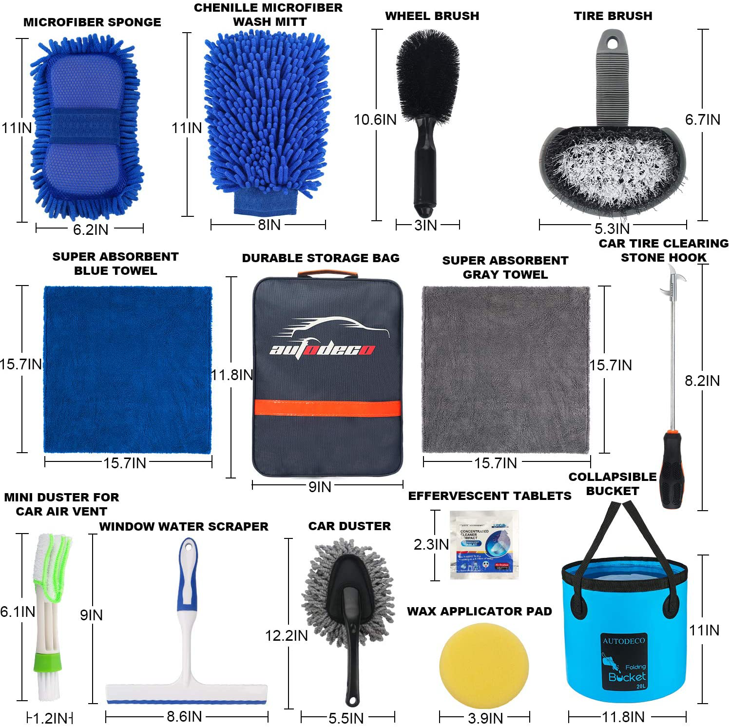 AUTODECO 22Pcs Car Wash Cleaning Tools Kit Car Detailing Set with Blue Canvas Bag Collapsible Bucket Wash Mitt Sponge Towels Tire Brush Window Scraper Duster Complete Interior Car Care Kit