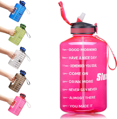 SLUXKE 1 Gallon Water Bottle with Straw and Motivational Time Marker, Large 128OZ Silicone Straw Water Bottle BPA Free Fitness Sports Water Jug to Ensure You Drink Enough Water Throughout the Day