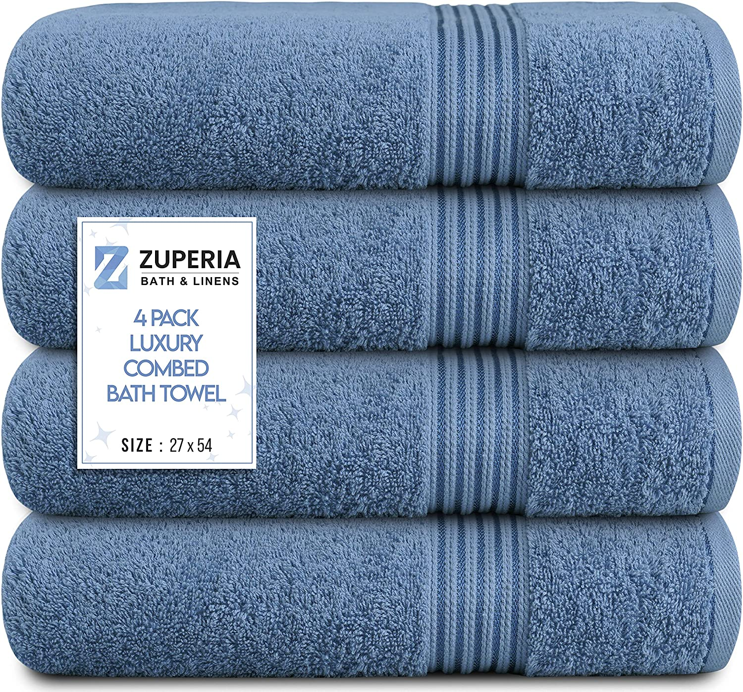 Bath Towels 27" X 54" Set of 4 Ultra Soft 600 GSM 100% Combed Cotton Large Towels for Bathroom, Highly Absorbent Daily Usage Bath Towel Set Ideal for Pool, Home, Gym, Spa, Hotel (Blue)