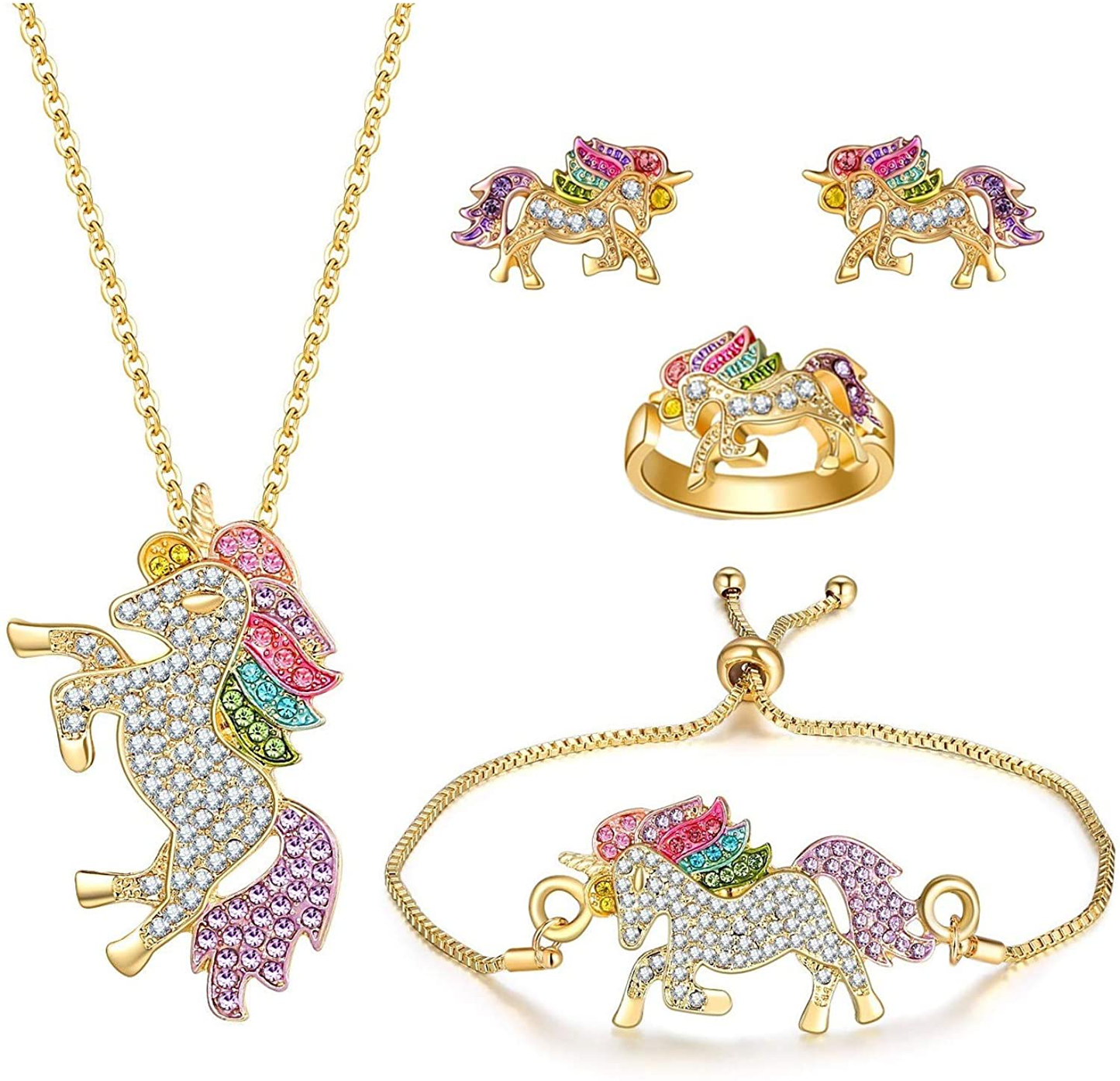 SHWIN Unicorn Necklace - 2 or 4 Pack Rainbow Unicorn Necklace Bracelet Set for Girls Jewelry Unicorn Gifts Set