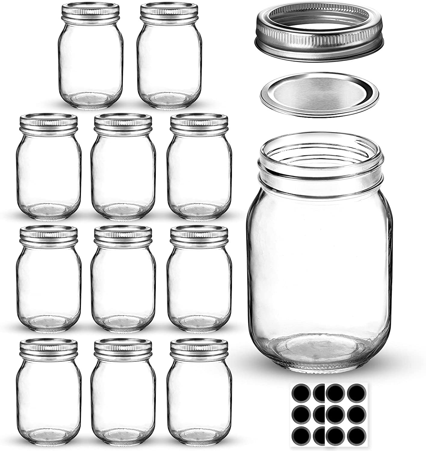 Mason Jars 16 OZ, AIVIKI Glass Regular Mouth Canning Jars with Silver Metal Airtight Lids and Bands for Canning, Jam, Honey, Wedding Favors, Shower Favors, Baby Foods, Food Storage, Overnight Oats, Dry Food, Snacks, Candies, 6 Pack 12 Whiteboard Labels