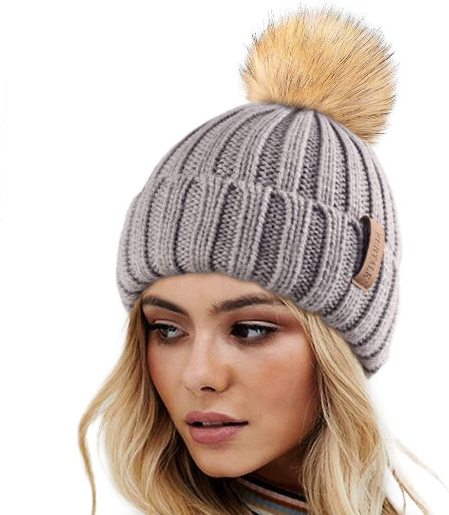 FURTALK Womens Winter Knitted Beanie Hat with Faux Fur Pom Warm Knit Skull Cap Beanie for Women