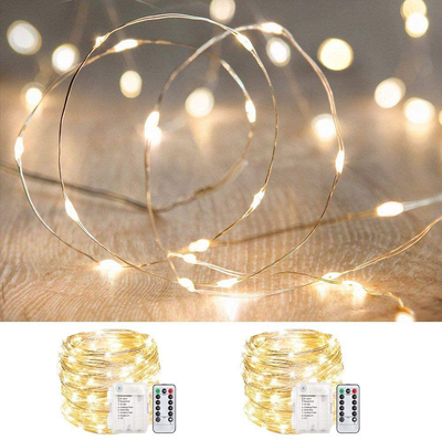 ANJAYLIA 2 Pack 33ft 100 LED Fairy Lights Battery Operated, Waterproof Twinkle String Lights, Copper Wire Dimmable Firefly Lights with Remote Control Timer, Warm White