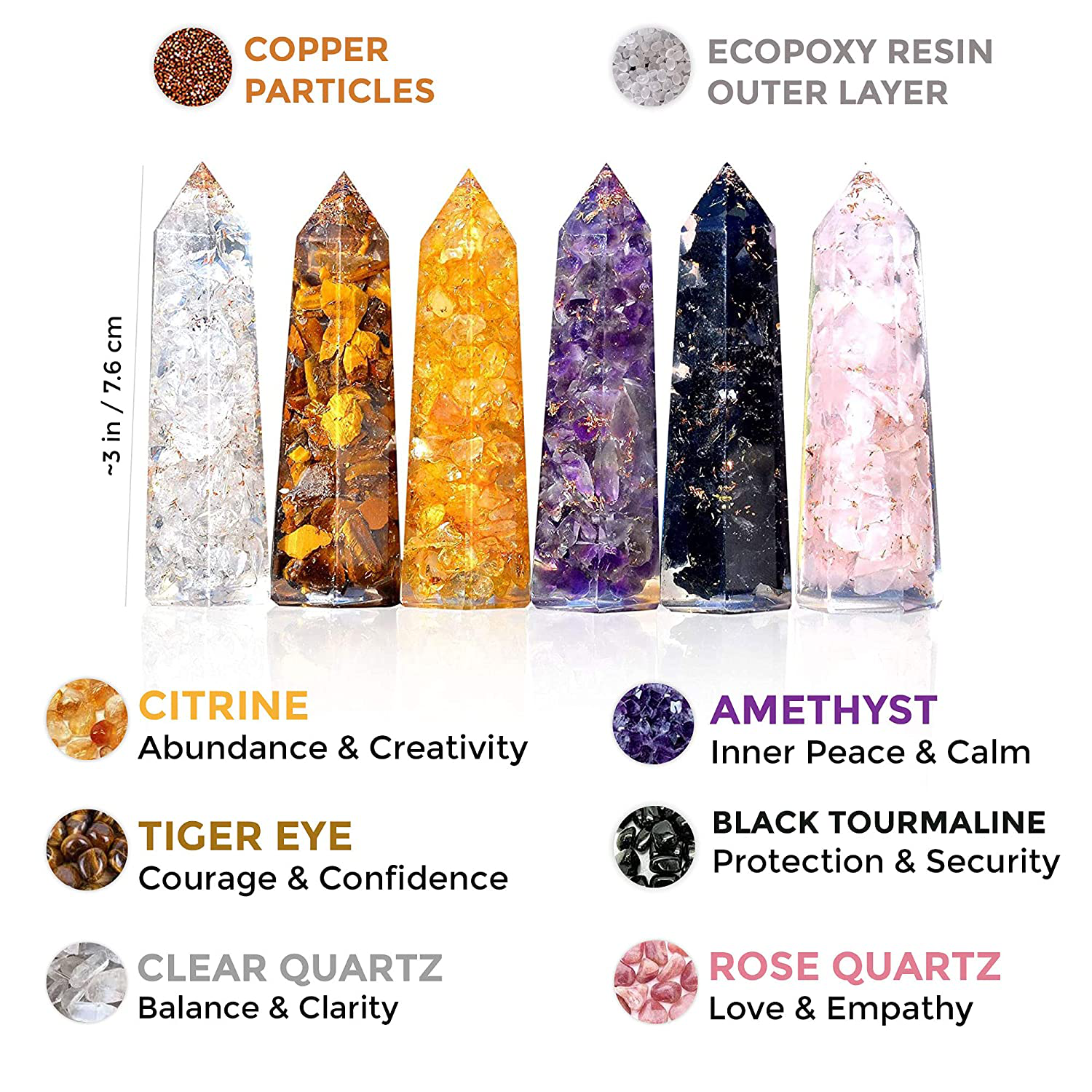 Healing Crystal Wand Set of 6 Orgonite – Includes 3” Amethyst Crystal, Tigers Eye, Rose Quartz, Black Tourmaline Stone, Citrine and Clear Quartz Orgone Crystal plus Black Tourmaline Necklace