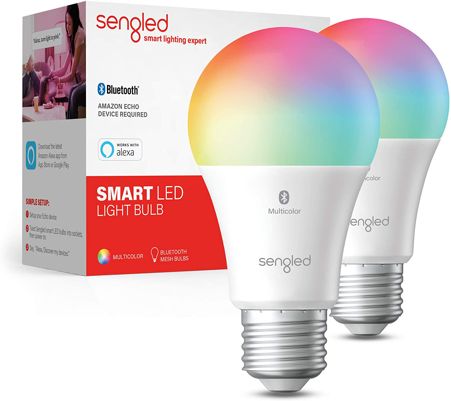 Sengled Smart Light Bulbs, Color Changing Alexa Light Bulb Bluetooth Mesh, Smart Bulbs That Work with Alexa Only, Dimmable LED Bulb A19 E26 Multicolor, High CRI, High Brightness, 9W 800LM