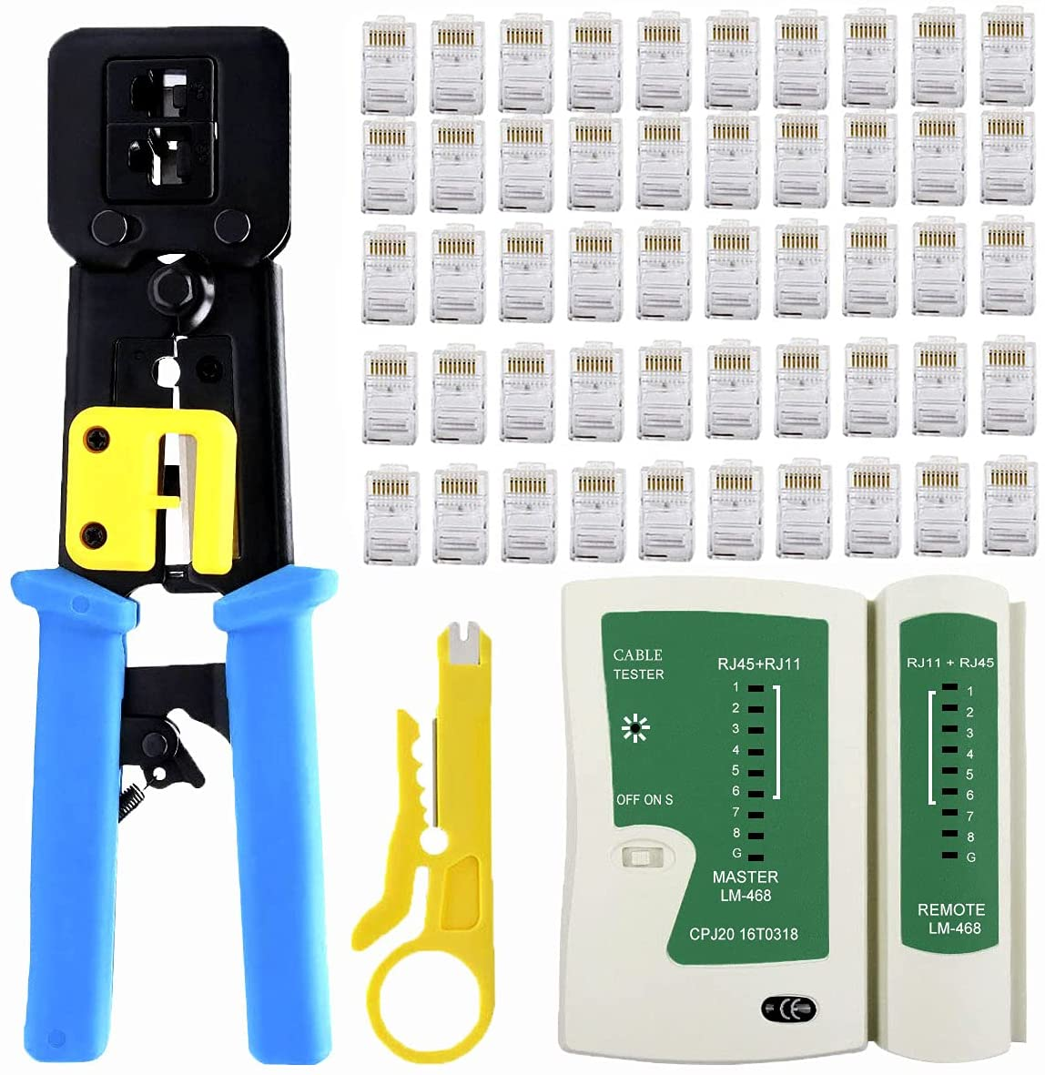 RJ45 Crimp Tool Kit Pass Through,Delgada Cat5 Cat5E Cat6 Crimping Tool for RJ45/RJ12 Regular and End-Pass-Through Connectors,With Cable Tester and Network Wire Stripper,50 Pcs Cat6