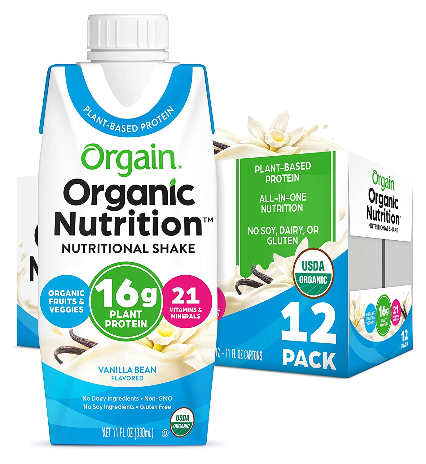 Orgain Organic Vegan Plant Based Nutritional Shake, Vanilla Bean - Meal Replacement, 16G Protein, 21 Vitamins & Minerals, Non Dairy, Gluten Free, Lactose Free, Kosher, Non-Gmo (Packaging May Vary)