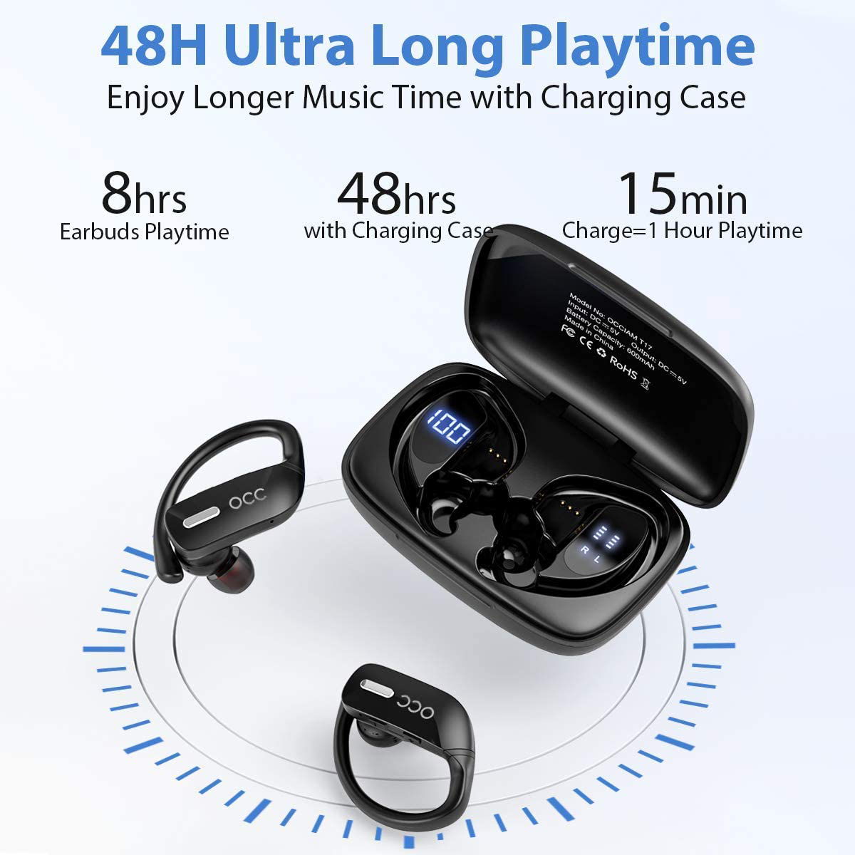 Wireless Earbuds Occiam Bluetooth Headphones 48H Play Back Earphones in Ear Waterproof with Microphone LED Display