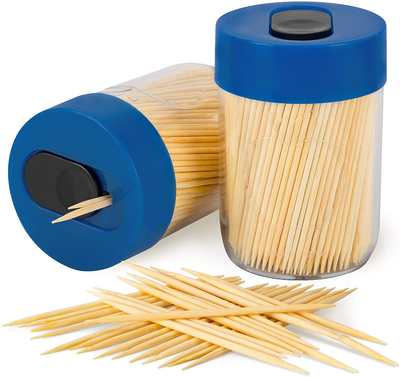 Urbanstrive Sturdy Safe Toothpick Holder with 800 Natural Wood Toothpicks for Teeth Cleaning, Unique Home Design Decoration, Unusual Gift, 2 Pack, Blue