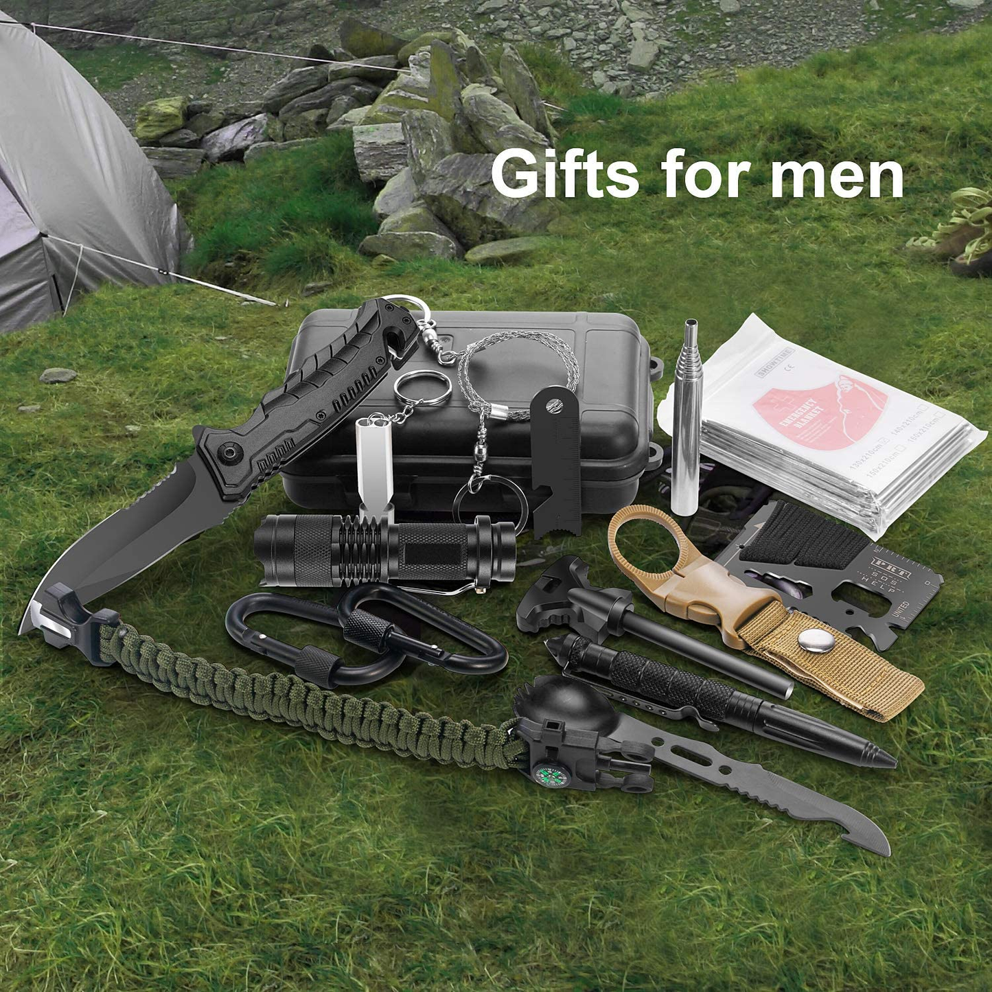 Survival Kit, 16 in 1 Professional Survival Gear Tool Emergency Tactical First Aid Equipment Supplies Kits Gifts Idear for Men Him Women Families Hiking Camping Fishing Adventures