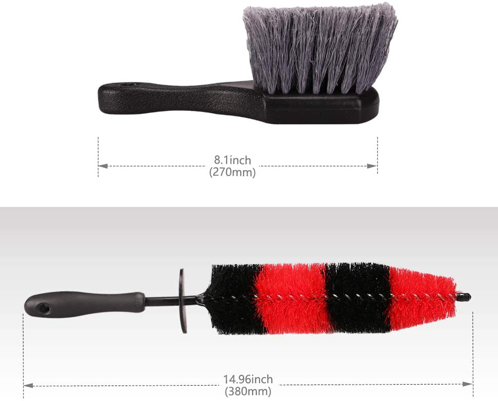 SPTA 9Pcs Wheel & Tire Brush Car Detailing kit, Easy Reach Wheel and Rim Brush, 5pcs Detailing Brushes, Short Handle Cleaning Brush, 1pc Microfiber Cleaning Cloth, Great to Clean Dirty Tires