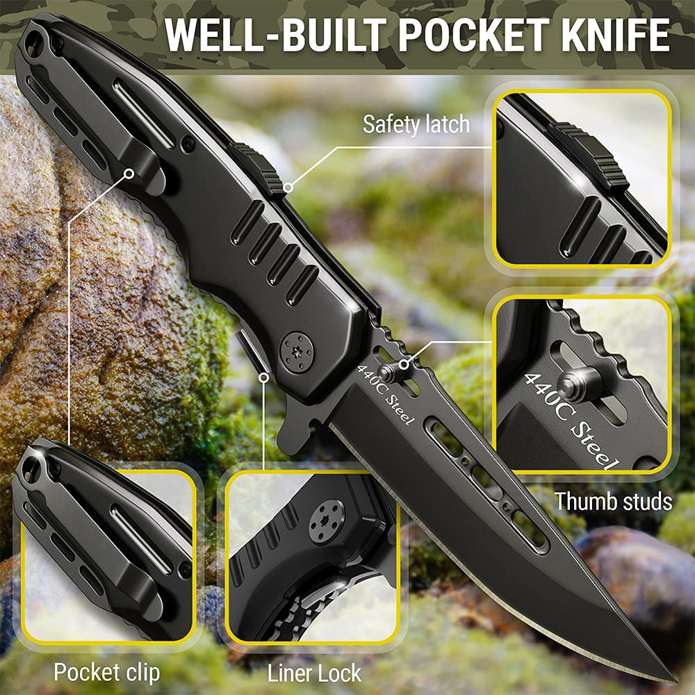 Spring Assisted Knife - Pocket Folding Knife - Military Style - Boy Scouts Knife - Tactical Knife - Good for Camping Hunting Survival Indoor and Outdoor Activities Mens Gift