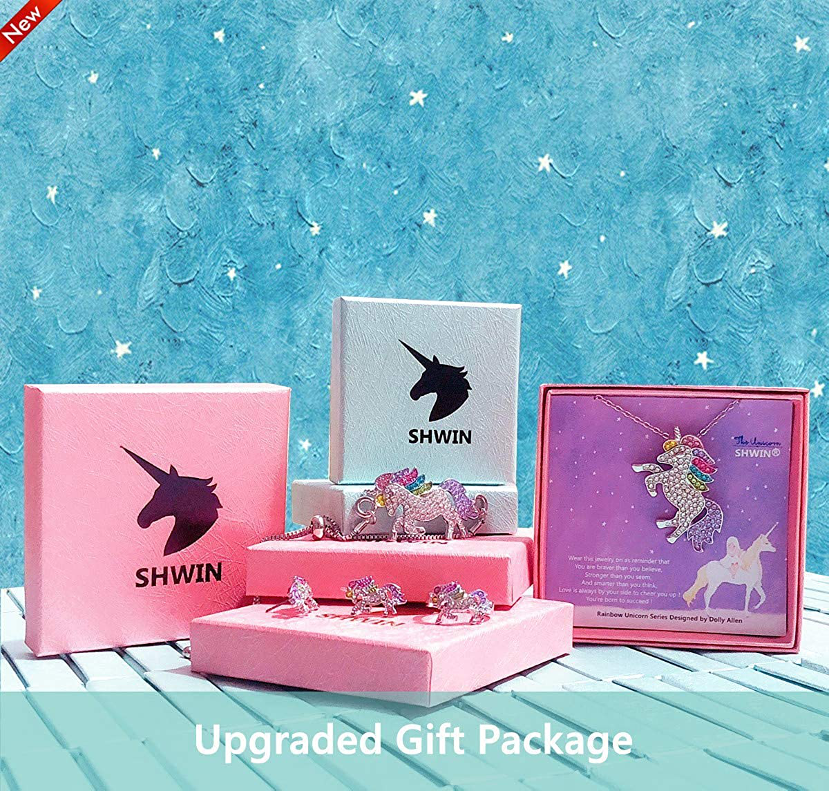 SHWIN Unicorn Necklace - 2 or 4 Pack Rainbow Unicorn Necklace Bracelet Set for Girls Jewelry Unicorn Gifts Set