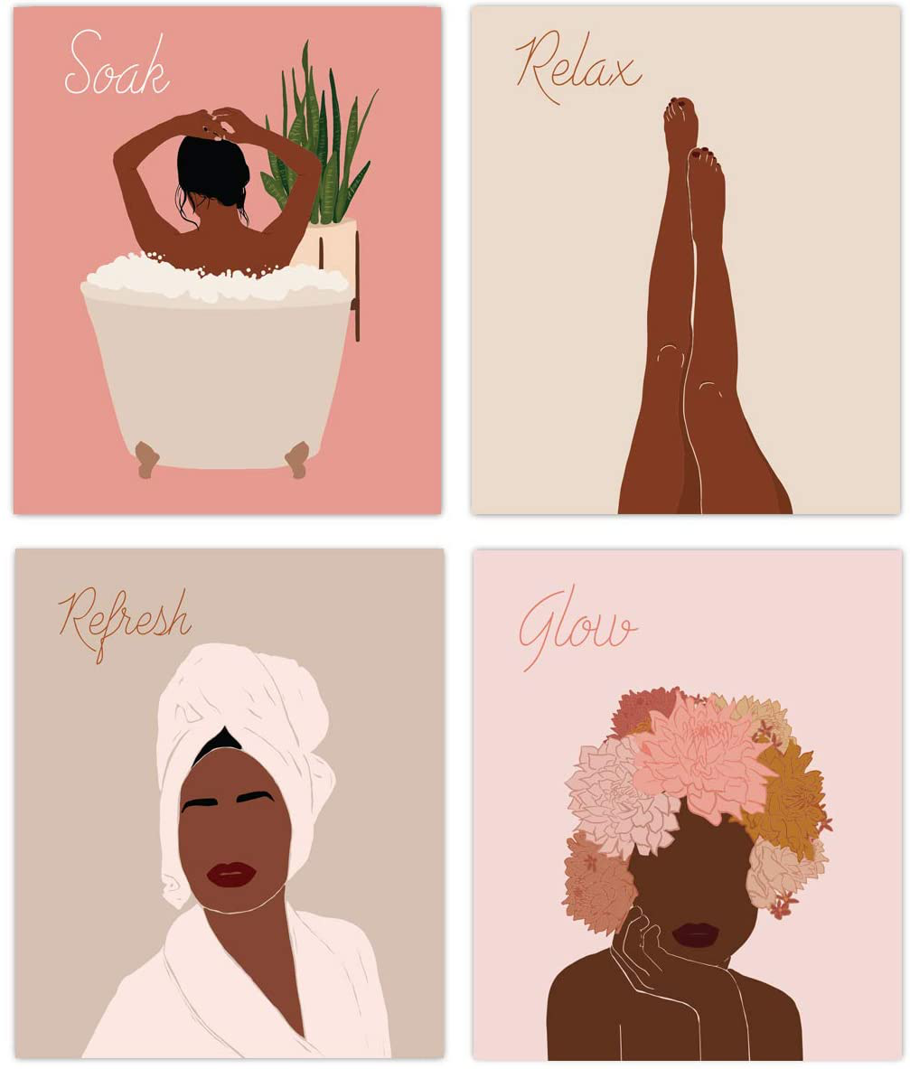 Designs by Maria Black Women Bathroom Wall Art - Unframed Artwork Decor for Home, Girls Bedroom, Living Room, Spa - Motivational African American Posters with Protective UV Coating - 8x10", Set of 4