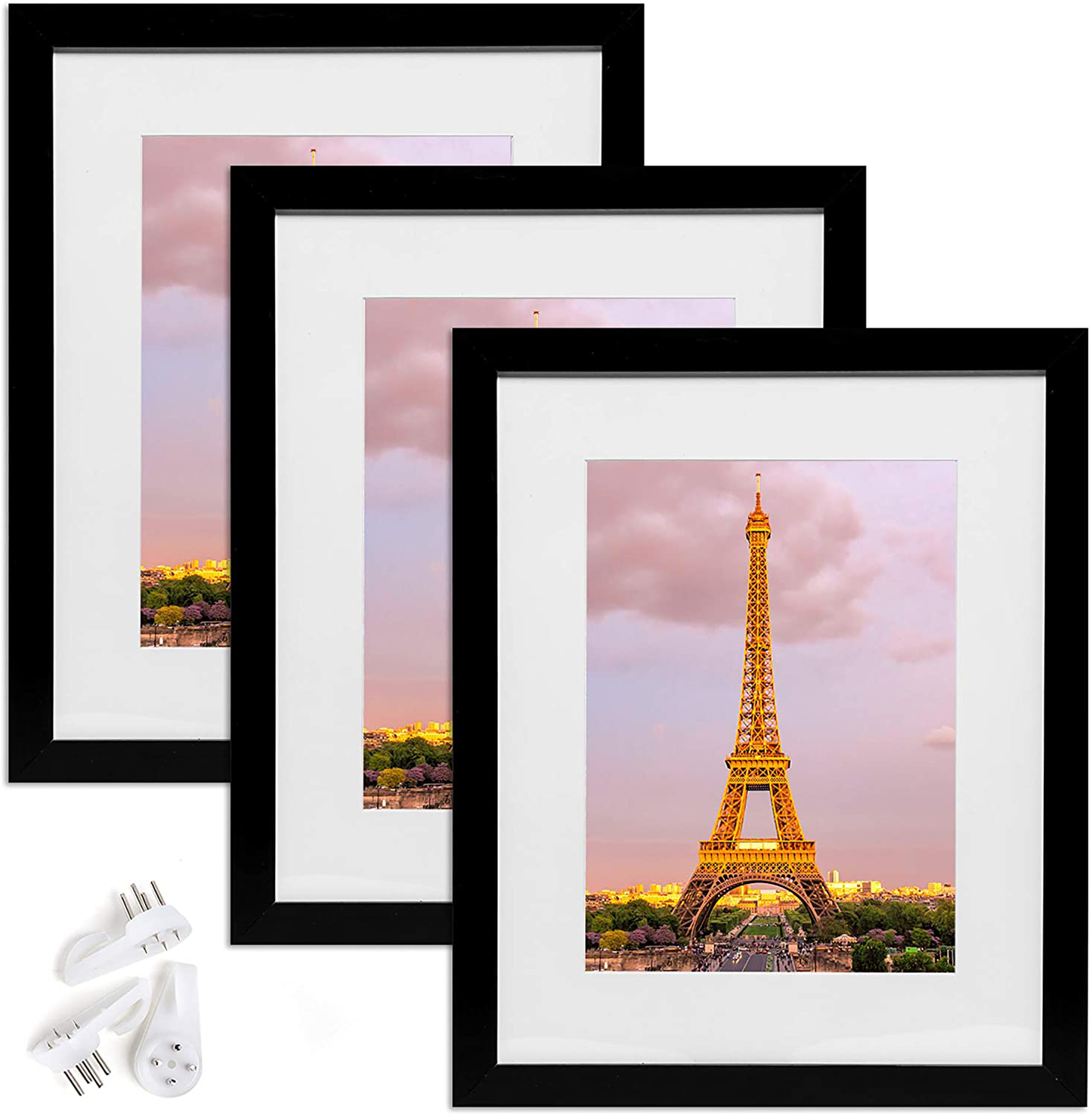 upsimples 12x16 Picture Frame Set of 3,Made of High Definition Glass for 8.5x11 with Mat or 12x16 Without Mat,Wall Mounting Photo Frame Black