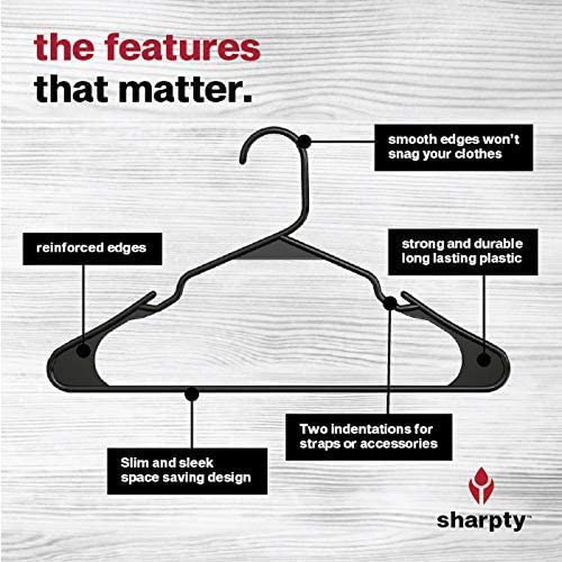 Sharpty Plastic Clothing Notched Hangers Ideal for Everyday Standard Use, (Black, 50 Pack)