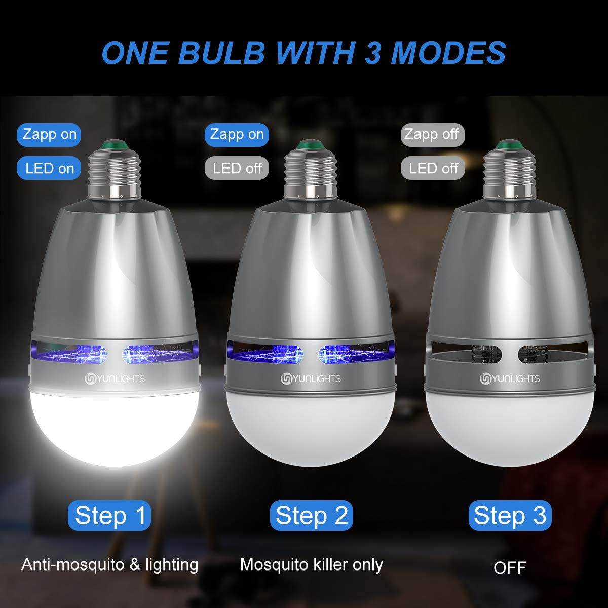 Bug Zapper Light Bulb - YUNLIGHTS 2 Pack 2 in 1 UV LED Mosquito Killer Lamp - Electronic Insect & Fly Trap - Fits 120V 10W E26 Light Bulb Socket, Perfect for Home Indoor and Outdoor