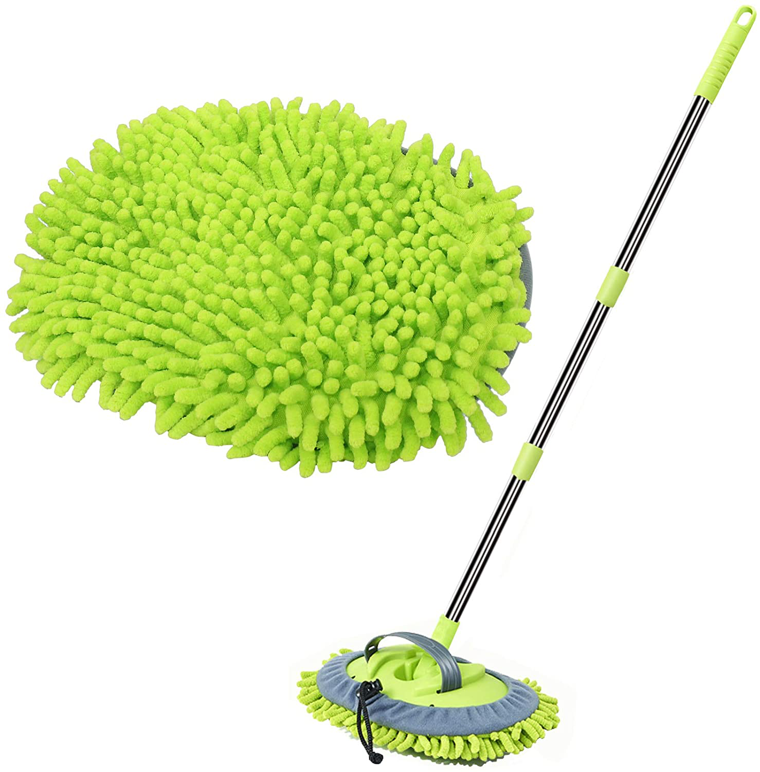 WillingHeart 47.5" Car Wash Brush Mop Cleaning Tool with Long Handle Kit for Washing Detailing Cars Truck, SUV, RV, Trailer, Boat 2 in 1 Chenille Microfiber Sponge Duster Not Hurt Paint Scratch Free