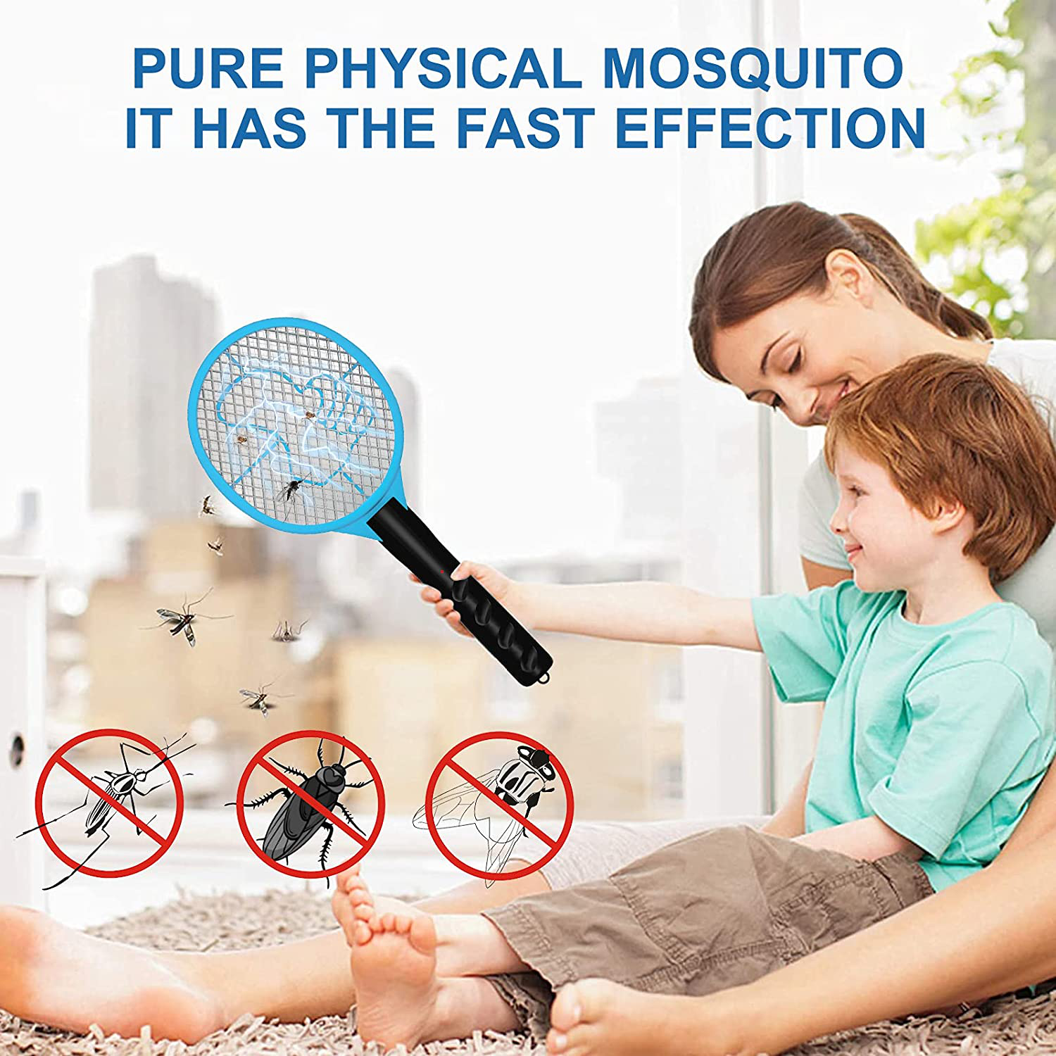 Bug Zapper Fly Racket Swatter Electric Mosquito Killer for Indoor and Outdoor, High Voltage Mesh, 3 Safe Layer Fly Moth Insect Killer Pest Trap Control, Handheld, Safe to Use, Blue & Black