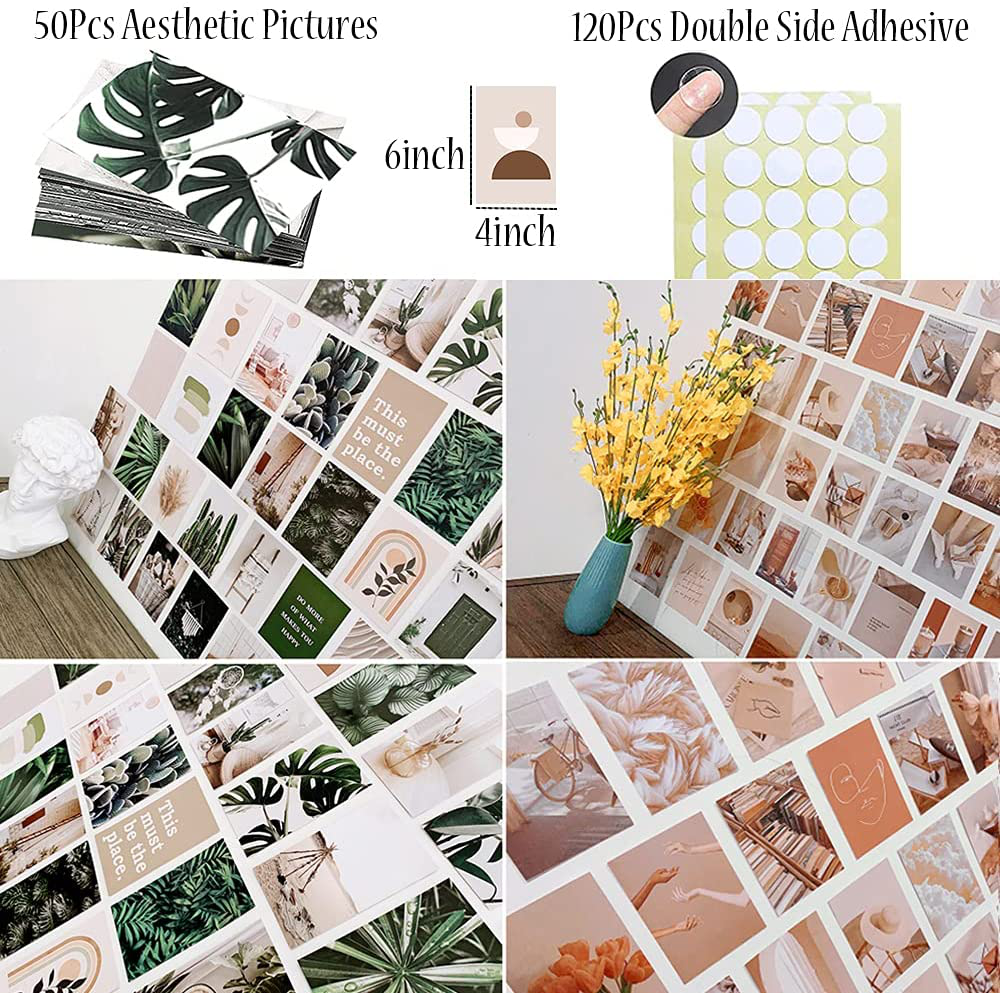 Wall Collage Kit Aesthetic Pictures, 50PCS Double-sided Plant Photo Collage Kit for Wall Aesthetic Green Botanical Wall Art Boho Small Posters for Room Aesthetic Wall Decor for Teen Girls Dorm Bedroom