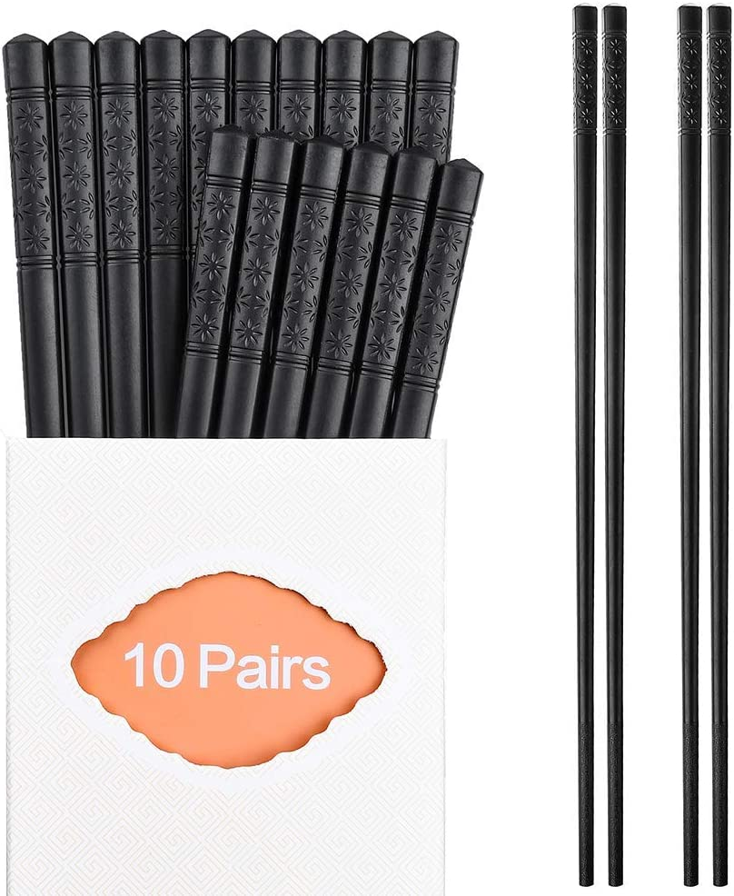 10 Pairs Fiberglass Chopsticks Family Set, ONEHERE Reusable Chinese, Japanese, Korean Chop Sticks, Dishwasher Safe, Non-Slip, for Sushi, Noodles, Food, Hotpot& Cooking, 10.63 Inches, Classic Black