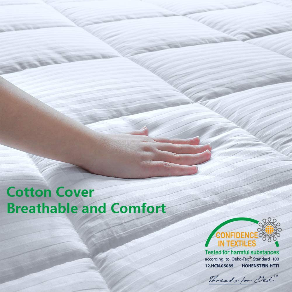 Mattress Pad for Twin XL Size Bed with 100% Ventilated Cotton Cover and Down Alternative Microfiber Filling with Secure Anchor Band Design Adapts to Mattress Depths from 6" to 22”, Machine Washable