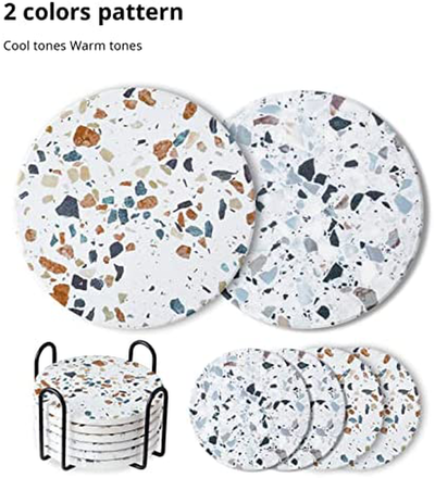 LIFVER Coasters for Drinks, Absorbent Coasters with Holder Set of 6, Avoid Furniture Being Scratched and Soiled, Housewarming Gift for Home Decor, 4 Inches -2 Terrazzo Pattern