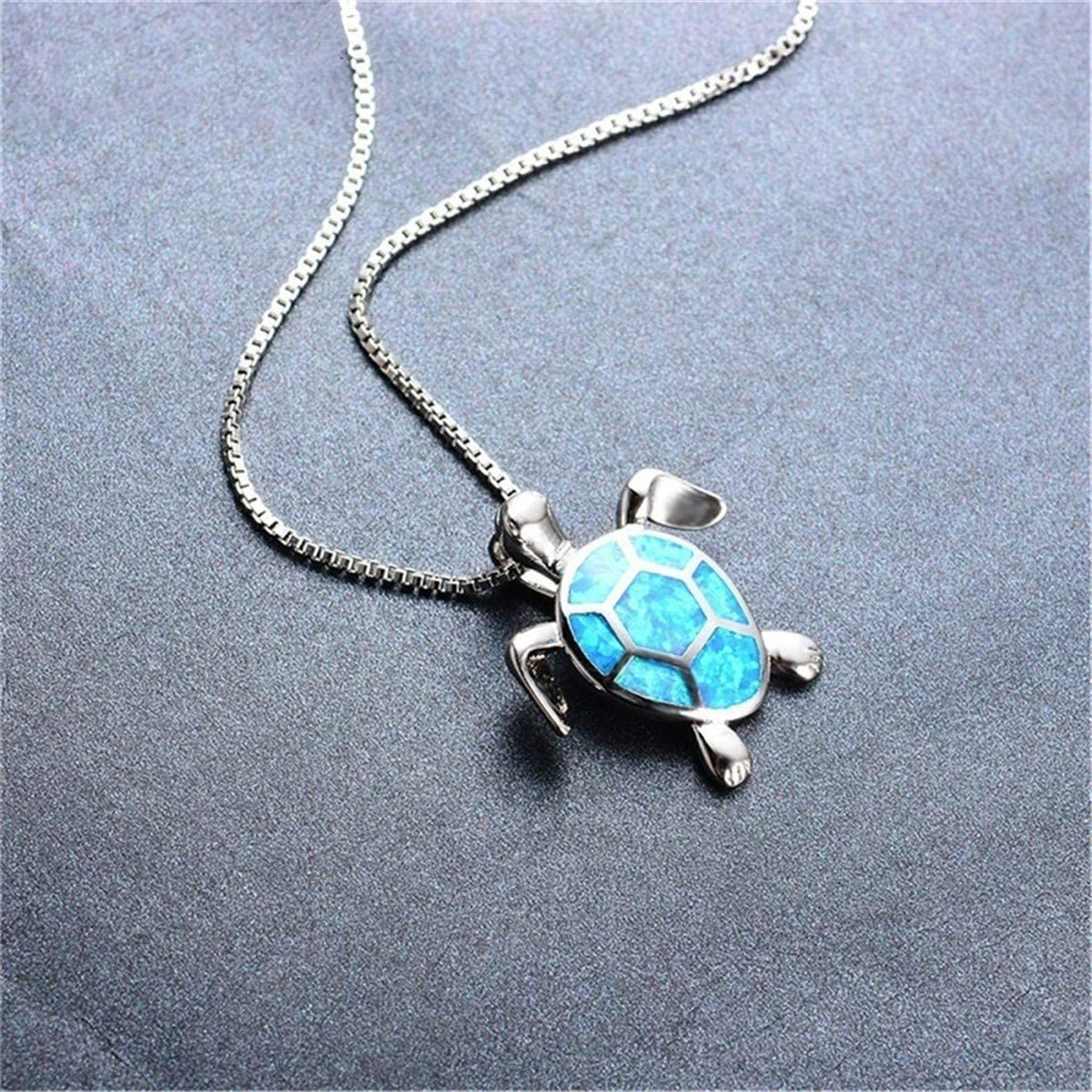 Cute Turtle Pendant Necklace Lovely Animals White Created Fire Opal Silver Chain Necklace Jewellery Gifts (Blue)