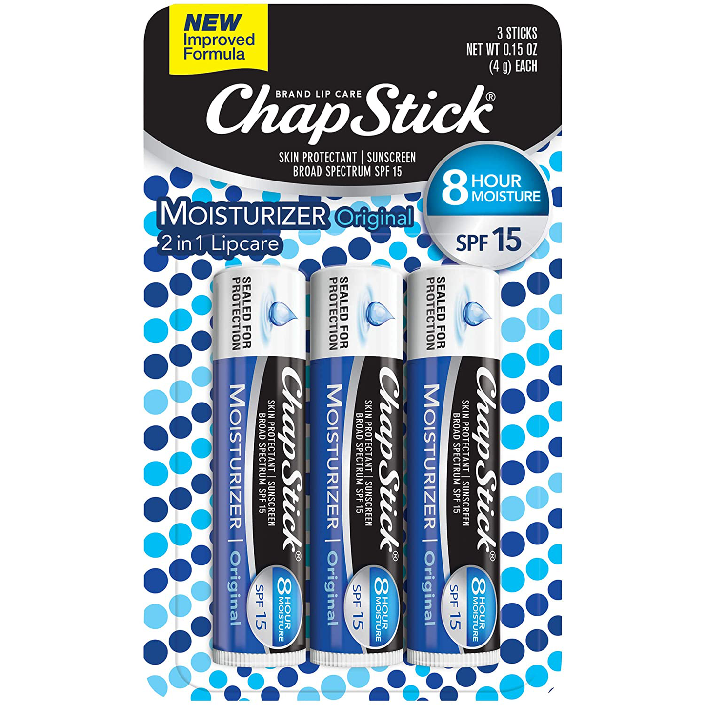 ChapStick Moisturizer (Original Flavor, 0.15 Ounce, 3 Sticks) Lip Balm Tube, Skin Protectant, Lip Care, SPF 15